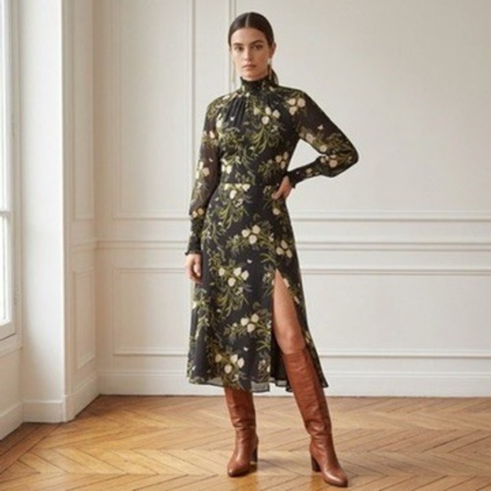 Reformation Valentin Dress Women 6 Black Green Floral Anastasia Long Sleeve Midi